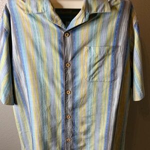 Tommy Bahama Original Fit Men’s Button Up Blue And Yellow Vertical Striped Shirt